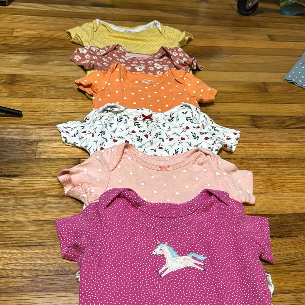 12 Month Short Sleeved Carters Onesies 6 pack bundle Pink Yellow Girls Girlie